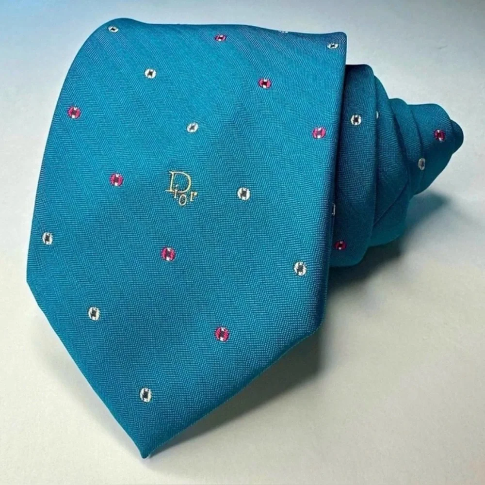 Vintage DIOR Embroidered Signature Polka Dotted Teal Classic Tie